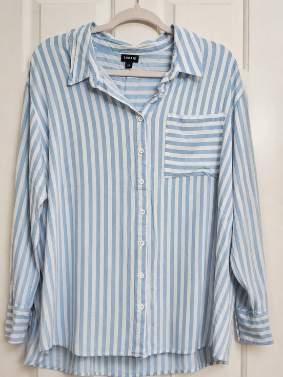 torrid Tops - Torrid Size 2 Blue White Striped Oversized Button Up Shirt Lightweight Rayon.